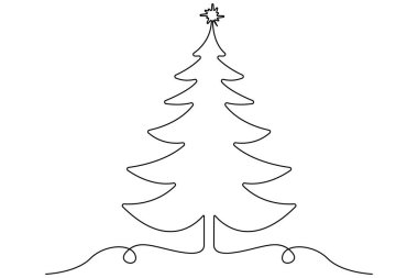 Noel ağacı, üzerinde yıldız olan ve izole edilmiş beyaz arkaplanı olan sürekli bir çizgi çizer..