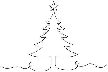 Noel ağacı, üzerinde yıldız olan ve izole edilmiş beyaz arkaplanı olan sürekli bir çizgi çizer..