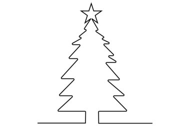 Noel ağacı, üzerinde yıldız olan ve izole edilmiş beyaz arkaplanı olan sürekli bir çizgi çizer..