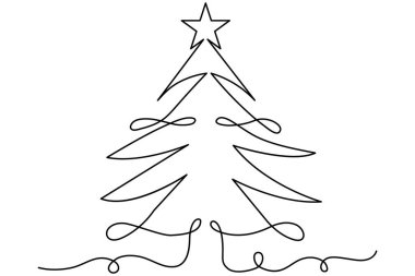 Noel ağacı, üzerinde yıldız olan ve izole edilmiş beyaz arkaplanı olan sürekli bir çizgi çizer..