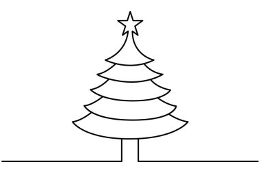 Noel ağacı, üzerinde yıldız olan ve izole edilmiş beyaz arkaplanı olan sürekli bir çizgi çizer..