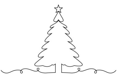 Noel ağacı, üzerinde yıldız olan ve izole edilmiş beyaz arkaplanı olan sürekli bir çizgi çizer..