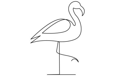 Flamingo kuşu sürekli bir çizgi çizimi ve ana hatlı vektör çizimi.