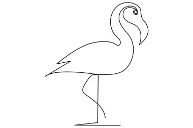 Flamingo kuşu sürekli bir çizgi çizimi ve ana hatlı vektör çizimi.
