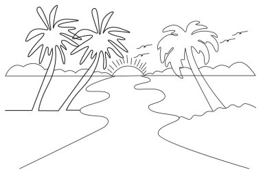 Taslak vektör illüstrasyonunun günbatımında sürekli tek çizgi çizimi.