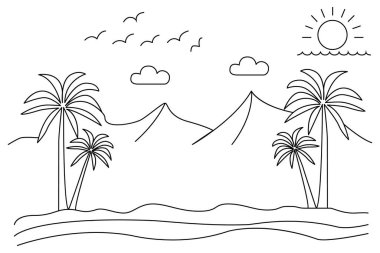 Taslak basit vektör illüstrasyonunun günbatımı sürekli bir çizgi çizimi.