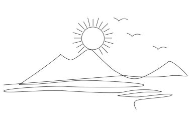 Taslak basit vektör illüstrasyonunun günbatımı sürekli bir çizgi çizimi.