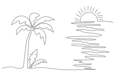 Taslak basit vektör illüstrasyonunun günbatımı sürekli bir çizgi çizimi.