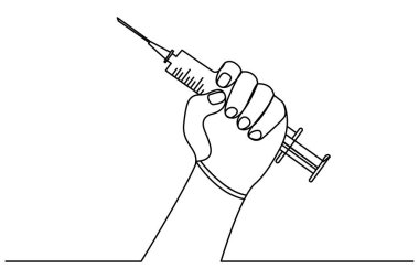 Aşı ve şırınga aralıksız tek satır sanat ana hatlı vektör çizimi.