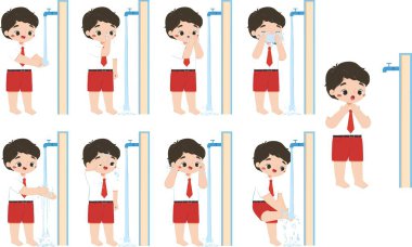 Tatlı İslami ilkokul çocuğu Wudu 'dan önce dua eder, ellerini yıkar, burnunu temizler, ağzını çalkalar, yüzünü yıkar, kollarını yıkar, başını siler, kulaklarını temizler ve ayaklarını yıkar..