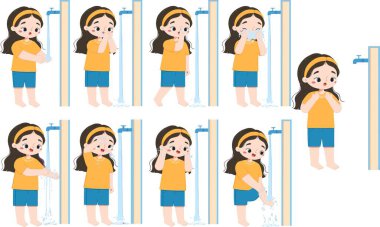 Tatlı İslami ilkokul öğrencisi Wudu 'dan önce dua eder, ellerini yıkar, burnunu temizler, ağzını çalkalar, yüzünü yıkar, kollarını yıkar, başını siler, kulaklarını temizler ve ayaklarını yıkar..