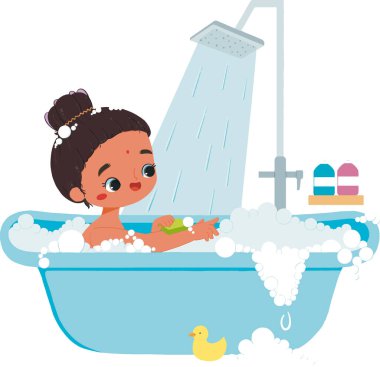 Tatlı bir çocuğun iyi hijyen alışkanlıkları uyguladığı suluboya resim seti..