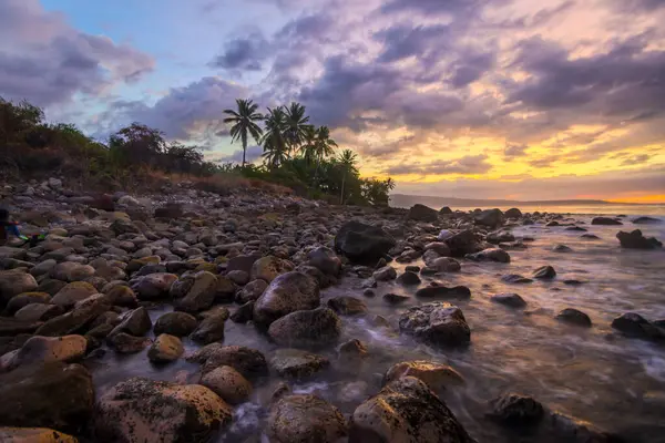 Kayalık sahilden gün batımı manzarası. Alor, Doğu Nusa Tenggara - Endonezya