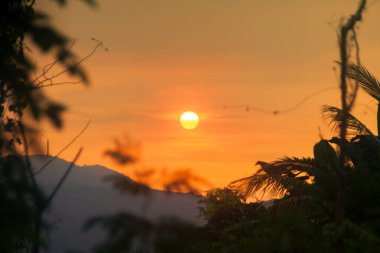 Ormanın içinden manzara, dağlarda güzel bir günbatımı. Adagai, Alor, Doğu Nusa Tenggara - Endonezya