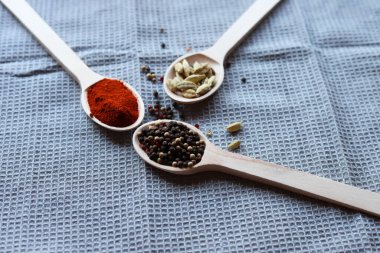 Baharatlı üç tahta kaşık kimyon, kurutulmuş paprika karışımı ve hardal tohumu. Beyaz kağıt arka planda doğal mutfak malzemeleri, üst görünüm.