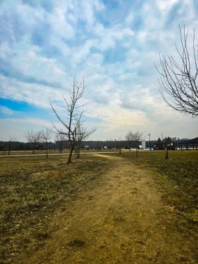 Dar, dolambaçlı bir toprak yol izleyiciyi sakin ve biraz melankolik kırsal bir araziye yönlendirir. Çerçevelenmiş yeşil çamlar ve yapraksız ağaçlar desenli, karamsar bir gökyüzü altında. İlkbaharın yumuşak, sessiz renkleri ve dramatik bulutlar bir...