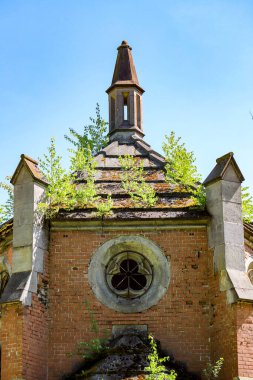 Sessiz bir park ortamında ağaçların arasına yerleştirilmiş terk edilmiş eski bir kilise binası. Yapı çürüme ve tarihsel cazibe belirtileri gösteriyor. Gizem ve unutulmuş tarihi çağrıştırıyor. Editoryal kullanım, tarihi temalar, kentsel keşif için ideal