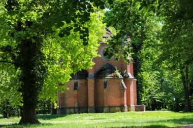 Sessiz bir park ortamında ağaçların arasına yerleştirilmiş terk edilmiş eski bir kilise binası. Yapı çürüme ve tarihsel cazibe belirtileri gösteriyor. Gizem ve unutulmuş tarihi çağrıştırıyor. Editoryal kullanım, tarihi temalar, kentsel keşif için ideal