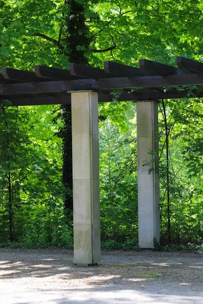 Bahar Işığı Bahçesi Mimarisi ve Doğa Uyumu 'ndaki Pergola. Yeşillik bir bahçede yeşil sarmaşıklarla sarmalanmış taştan sütunları olan yüksek kaliteli bir fotoğraf. Doğa ve mimari arasındaki uyumu gösteren barışçıl bir açık hava sahnesi.. 