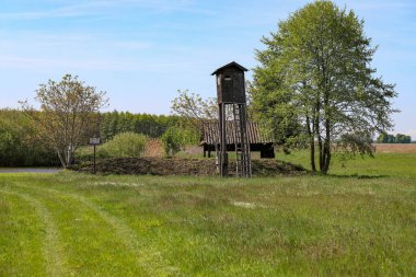Kırsal bölgedeki Özel Göl 'e Bakan Ahşap Bakış Alanı. Yeşil bir kırsal arazinin ortasında sakin, özel bir gölün kıyısındaki kırsal ahşap bir izleme platformu. Barışçıl doğa manzarası kaçış kavramları için idealdir.