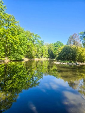 Yeşil bir bahar parkında kıvrılan sakin bir nehir. Doğa, açık hava eğlencesi, manzara ve eko-turizm için idealdir.