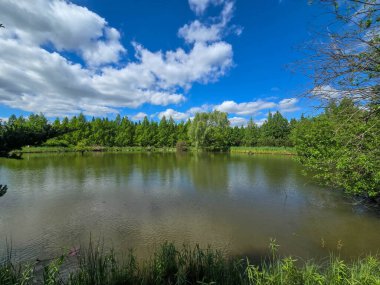 Parlak mavi gökyüzünün altında nefes kesici bir göl manzarası. Kristal berrak su, yemyeşil kıyılar ve mükemmel yansımalar. Seyahat, reklam, web siteleri ve duvar kağıtları için ideal. Yüksek kalite, doğal güzellik.