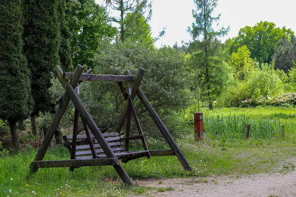 Park yeşiliyle çevrili ahşap salıncak rahatlık ve rahatlama için idealdir. Reklamlar, peyzaj tasarımı ve şehir projeleri için harika. Doğal malzemeler, sıcak atmosfer