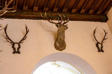 Bu yüksek çözünürlüklü fotoğraf, klasik mimari unsurlar ve klasik dekorlarla çok iyi korunmuş tarihi bir iç mekan sergiliyor. Süslü pervazlardan, oyulmuş ahşap panellerden antika mobilyalara ve zengin dokulara kadar.