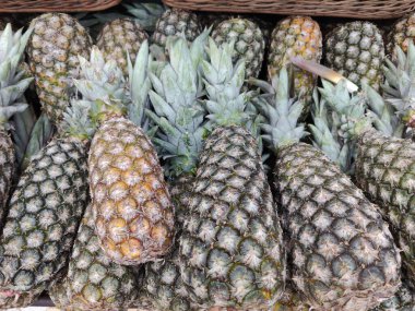 Meyve pazarında canlı ve renkli bir taze ananas gösterisi. Ananaslar, eşsiz dokularını, taze yeşil yapraklarını ve altın derilerini vurgulayarak düzenli bir sıra halinde dizilmişlerdir. Görüntü tazelik ve bolluk hissi uyandırıyor..