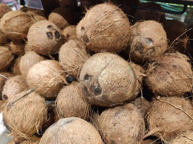 Kabuklu bir yığın kuru hindistan cevizi liflerini ve doğal kusurlarını sergiliyor. Görüntü, meyvelerin kırsal ve serin dokusunu yakalıyor, doğanın hislerini ve özgünlüğünü çağrıştırıyor..