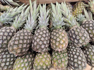 Markette canlı bir ananas gösterisi, büyüleyici dokularını ve kabarık yeşil yapraklarını sergiliyor, tropikal meyvelerin zenginliğini ve tazeliğini yansıtıyor..