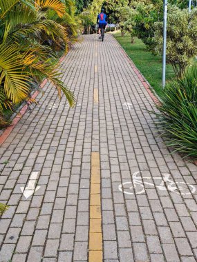 Şehir parkında kaldırımlı bisiklet yolu boyunca bisiklet süren bir bisikletçi. Yol bitkiler ve ağaçlarla kaplı. Bisiklet izleri de güvenli bir yol olduğunu gösteriyor. Atmosfer, doğa ile uyumu ve sükuneti iletir..