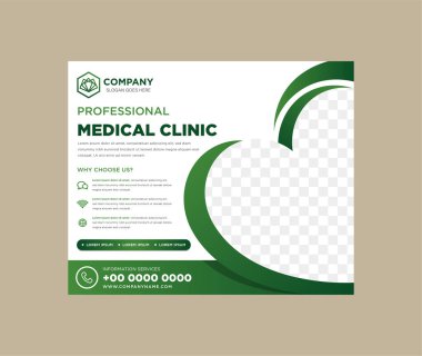 Yatay planda profesyonel tıbbi klinik afiş tasarım şablonu. elementler üzerindeki yeşil gradyan renkler. Fotoğraf alanı için sevgi ya da kalp şeklinde yatay bir düzen. Beyaz arkaplanda düzenlenebilir el ilanı. 