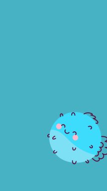 Mavi sualtı arka planında neşeli bir şekilde yüzen sevimli çizgi film balıkları. Neşeli hareket çocuklar için mükemmel içerik, deniz teması veya eğitim medyası.