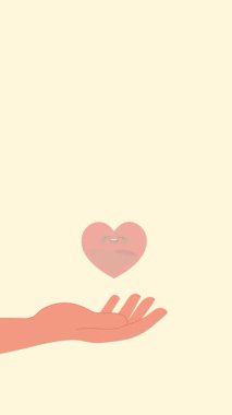 Kalp şeklinde kan damlası olan bir elin yaratıcı hareketini durdurmak aşk bakımını ve dünya kan bağışı gününü temiz bir tıbbi tasarımla kutlamak için farkındalığı sembolize ediyor.