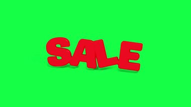 SALE kelimesinin yeşil ekran arkaplanındaki koyu kırmızı renkli 4K 3D animasyonu, tanıtım videoları, reklam pankartları ve perakende pazarlama içeriği için ideal