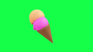 4K 3D dondurma animasyonu yeşil ekran arka planında bir konide erimiş dondurma, yemek reklamları, yaz temaları, tatlılar, tatlılar ve yaratıcı mutfak veya ticari projeler için mükemmel