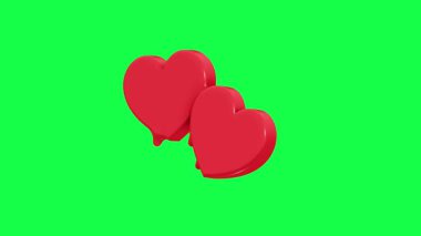 Yeşil ekran arka planında, erimiş kırmızı renkli iki kalbin 4K 3D animasyonu, romantik videolar, aşk temaları, sevgililer günü projeleri ve yaratıcı görseller için ideal