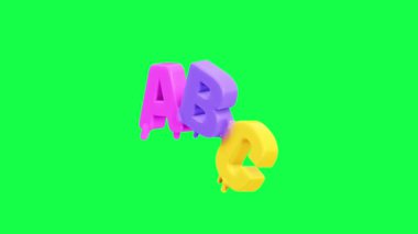 ABC harflerinin yeşil ekran arkaplanı ile parlak renkli 4K 3D animasyonu, eğitim videoları, çocuk içeriği veya yaratıcı tasarım projeleri için mükemmel