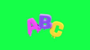 ABC harflerinin yeşil ekran arkaplanı ile parlak renkli 4K 3D animasyonu, eğitim videoları, çocuk içeriği veya yaratıcı tasarım projeleri için mükemmel