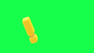 Yeşil ekran arka planında parlak sarı renkli ünlem işaretlerinin 4K 3D animasyonu, uyarılar, uyarılar veya dikkat çekici içerik için mükemmel