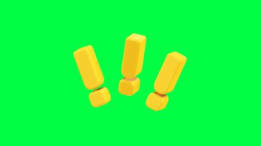 Yeşil ekran arka planında parlak sarı renkli ünlem işaretlerinin 4K 3D animasyonu, uyarılar, uyarılar veya dikkat çekici içerik için mükemmel