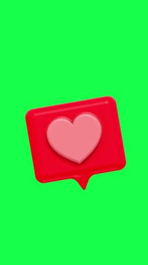 Pembe ve kırmızı ekranlı kalp şeklinde bir balon sohbetinin 4K 3D animasyonu, aşk mesajları, sosyal medya ve romantik görsel içerik için ideal