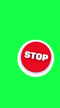 Yeşil ekran arkaplanındaki kırmızı stop düğmesinin 4K 3D animasyonu, kullanıcı arayüzü tasarımı, uyarı görselleri, dijital kontrol panelleri ve teknik projeler için mükemmel