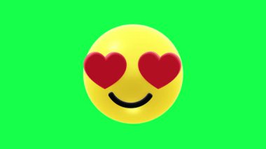 4K 3D aşk kalp animasyonu yeşil ekran arkaplanındaki emoji sohbeti, şefkat, mesajlaşma, sosyal medya veya romantik dijital içerik ifade etmek için mükemmel