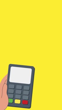 4K animasyonu, dijital finans ve nakitsiz ödemeleri resmetmek için ideal olan bir işlem başarısını gösteren bir EDC ödeme makinesinden bir banka kartı araklayan bir elin 4K animasyonu.