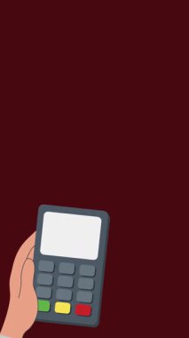 4K animasyonu, dijital finans ve nakitsiz ödemeleri resmetmek için ideal olan bir işlem başarısını gösteren bir EDC ödeme makinesinden bir banka kartı araklayan bir elin 4K animasyonu.