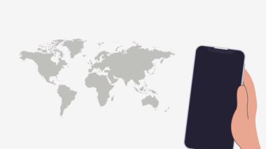 4K animasyonu, temiz beyaz arkaplan üzerinde bir dünya haritası üzerinde gösterilen yeşil listeli bir düğmeli akıllı telefonu tutan bir elin görev veya hedef kavramları için mükemmel olması.