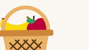 Renkli meyvelerin sepetin içine yavaşça düşüşünün 4K animasyonu. Sağlıklı yemek temaları, çocuk eğitimi veya yaratıcı tasarım kullanımı için eğlenceli ve dinamik bir görsel mükemmel.