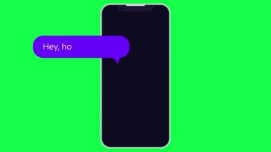 Arkadaşça bir metin sohbetinin 4K animasyonu, yeşil ekran arkaplan üzerinde akıllı telefon ekranında alternatif baloncuk mesajları ile buluşmak için nasıl olduğunuzu sorar.